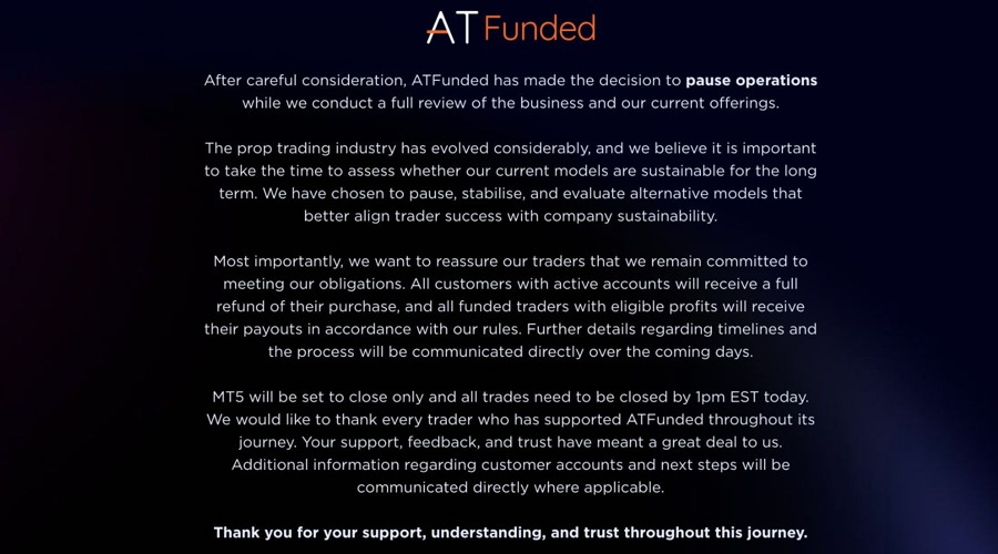 A screenshot of the notice on ATFunded